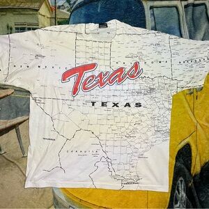 VTG Texas Map AOP Single Stitch T Shirt White Screen Stars Tag Size Xxl 90s Road